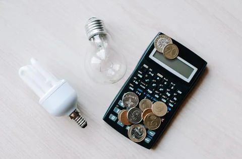 Cropped view  led and fluorescent lamps next to calculator in hands isolated  Фото