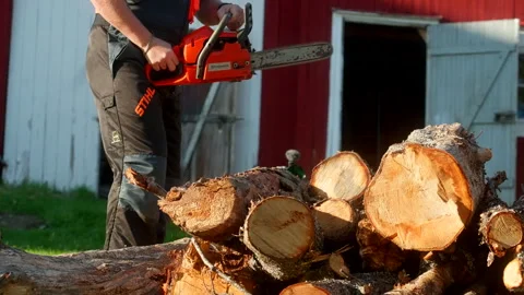 Cropped View Of A Man Cutting Logs With A Chainsaw In Tromso, Norway. Close-up Stock Footage 321209245