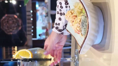 Cropped view of Young pleasant happy Caucasian woman sitting in cafe, drinking Stock Footage 265016437