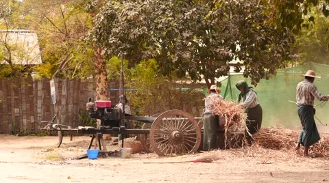 Crops processing on motor device in village - Myanmar Stock Footage 61347761