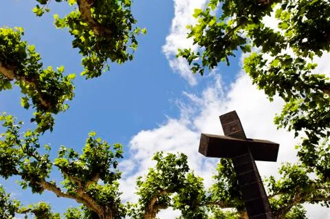 Cross above the trees Stock Photos