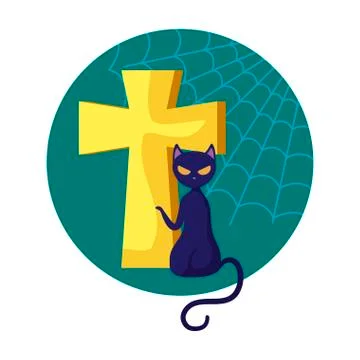 Cross and cat over spiderweb background Stock Illustration
