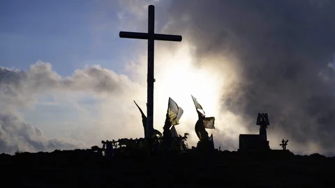 Cross and flags on mountain top 2 動画素材 103059876