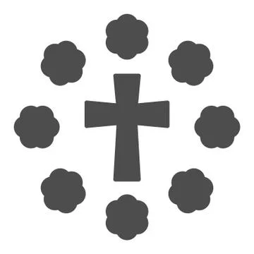 Cross and flowers solid icon. Floral decoration oval around christian crucifix Stock Illustration