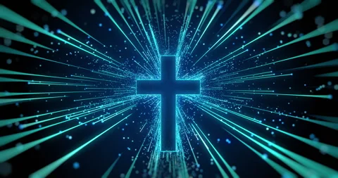 Cross animation on blue background with lights and particles Stock Footage 308524323