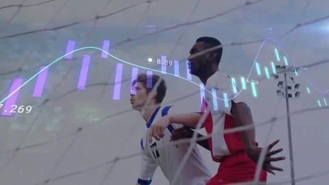 Cross arriving, two players bracing and contesting header for ball, finance bars Stock Footage 330894582