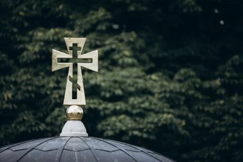 Cross on a background of green branches Foto stock