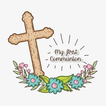 Cross with branches leaves to first communion Stock Illustration