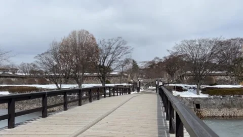Cross Bridge Above Frozen Moat Water Bare Trees Winter Hakodate Hokkaido Japan 動画素材 347124697