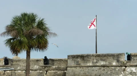 The Cross of Burgundy Flag Symbol of Spain 1506 to 1785 on Fort and Cannon, 4K Stock Footage 59083719