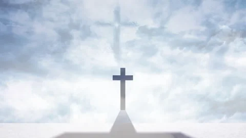 Cross casting shadow over cloudy sky, creating spiritual and serene animation Stock Footage 303438847