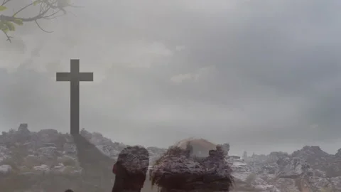 Cross casting shadow over rocky landscape under cloudy sky with animation effect Stock Footage 305261935