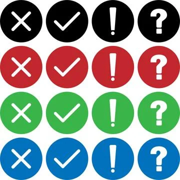 Cross, Check Mark, Exclamation, and Question Mark Circle Icons Collection Stock Illustration