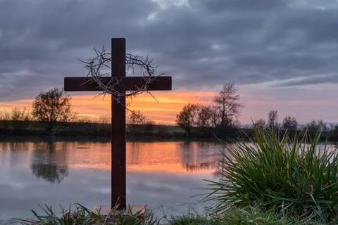 Cross With Crown of Thorns Gray drawn Sky Stock Photos