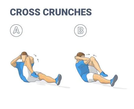 Cross Crunch Exercise. Bicycle Crunches Abs Workout Guidance. Stock Illustration