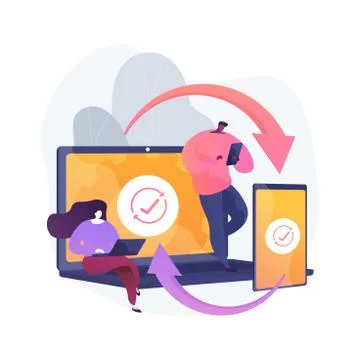 Cross-device syncing abstract concept vector illustration. Illustrazione stock