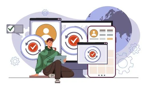 Cross device syncing. Man with gadget sits near smartphone, computer, and tablet Illustrazione stock