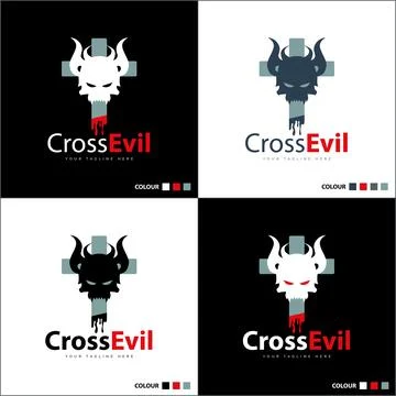 Cross devil head demon silhouette logo set template design Illustrazione stock
