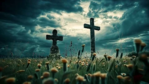 A cross is in the grass with a dark sky background, Memorial Day Stock Footage 302452667