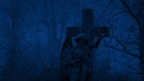 Cross Gravestone In Snowfall At Night Stock Footage 332304902