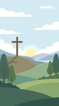 Cross on Hill at Sunrise Easter Celebration Landscape Background Illustration Stock Illustration