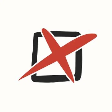 Cross icon in a square. Checkmark vector icon set in red. Doodle style illust Stock Illustration
