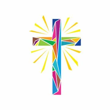 The Cross of Jesus Christ made up of multi-colored elements, shine rays. Stock Illustration