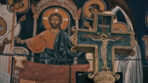 Cross with jesus icon in background saint Vídeo Stock 125074252