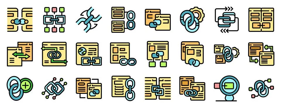 Cross linking website optimization and backlink building icons set Stock Illustration