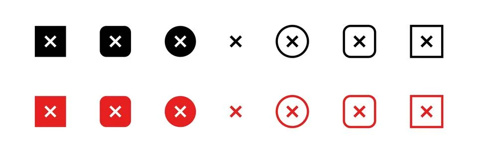 Cross mark vector icon set. Checkbox black pictogram. Wrong symbol. X-mark .. Illustrazione stock