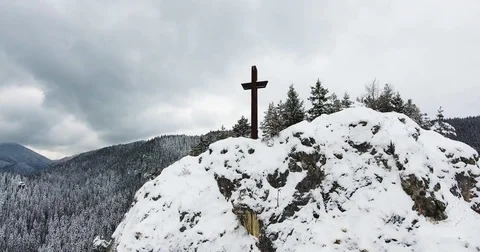 Cross On A Mountain Aerial Easter In Bicaz Mountains Romania Stock Footage 84998795