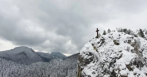 Cross On A Mountain Aerial View Down Up In Bicaz Mountains Romania Stock Footage 84998827