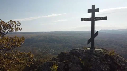 Cross on the mountain, mountains, autumn, quadcopter Stock Footage 149980938