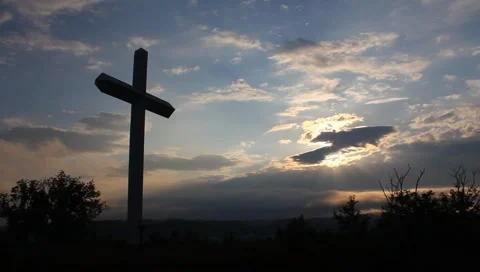 Cross on the mountain with rays of light Stock Footage 5234772