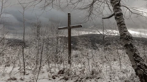 Cross in The Mountains in Winter. time lapse. The Sun Shines through the Stock Footage 60225033