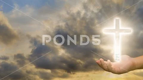 Cross on one hand with cloud background PSD Template
