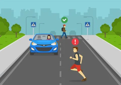 Cross only at designated crosswalks. Man running across street. Stock Illustration