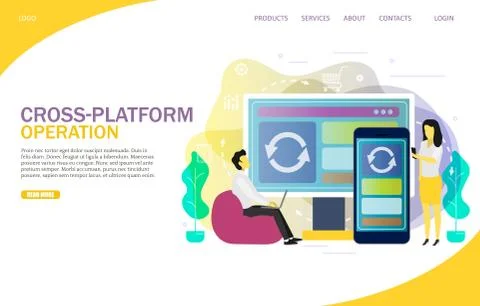 Cross-platform operation landing page website vector template Stock Illustration