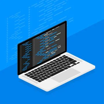 Cross-platform software. Coding laptop. Digital learning. Flat isometric vect Stock-Illustration