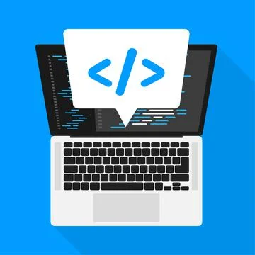 Cross-platform software. Coding laptop. Digital learning. Flat isometric vect Stock Illustration