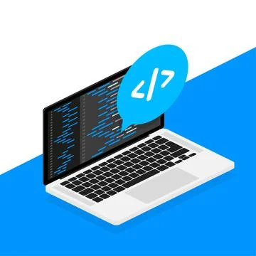 Cross-platform software. Coding laptop. Digital learning. Flat isometric vect Stock Illustration