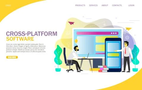 Cross-platform software landing page website vector template Stock Illustration