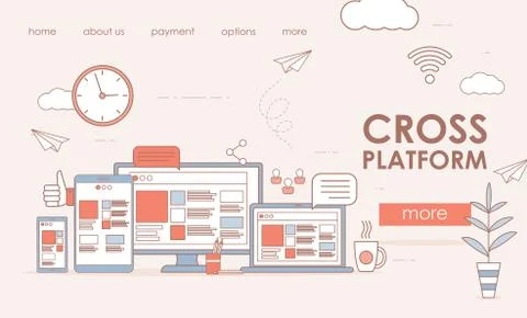 Cross platform software landing page. Computer, laptop and smartphone screen Stock Illustration