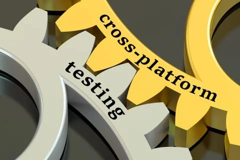 Cross-platform Testing concept on the gearwheels, 3D rendering Illustrazione stock