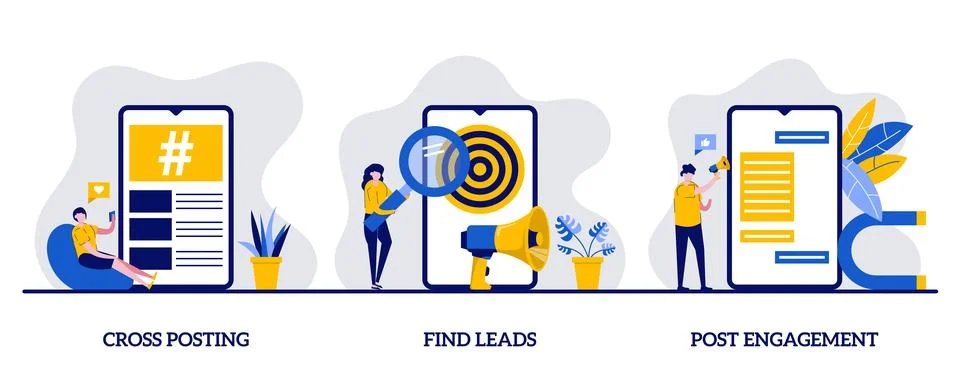 Cross-posting, find leads, post engagement concept with character. Modern p.. Stock Illustration