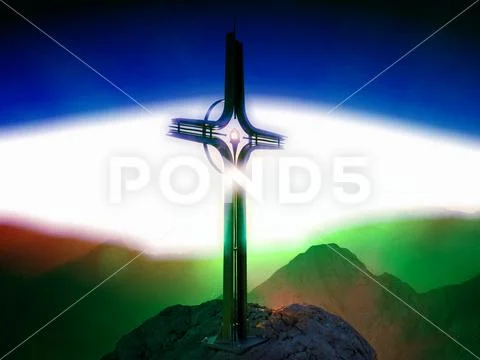 Cross raised at mountain summit. Sharp peak, daybreak Sun in sky. Stock Photos
