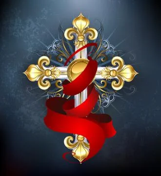 Cross with a red ribbon Stock Illustration