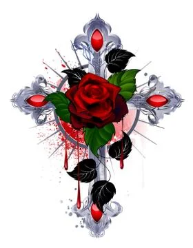 Cross with a red rose Stock Illustration