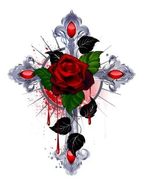 Cross with a Red Rose Stock Illustration