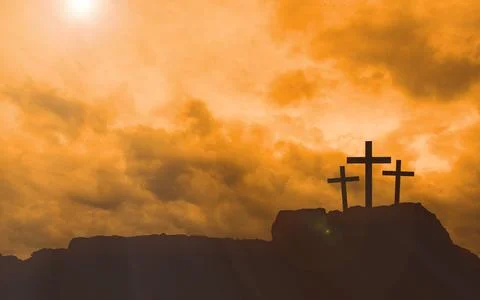 Cross on the rock with sunset sky Stock Illustration
